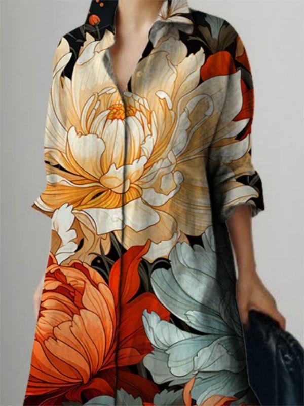 Long Sleeves Loose Flower Print Lapel Maxi Dresses Shirt Dress