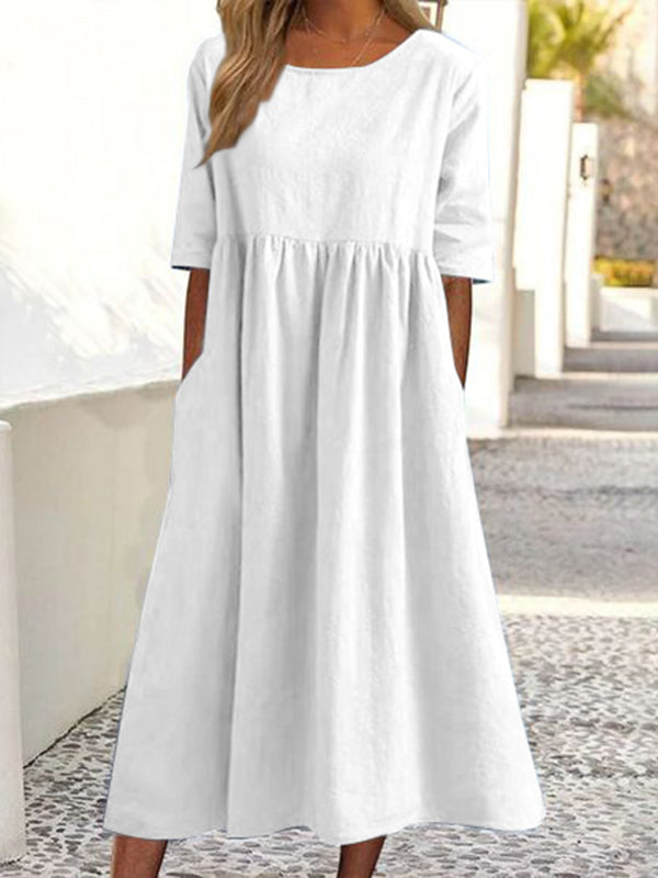 A-Line Half Sleeves Pleated Pockets Solid Color Round-Neck Midi Dresses