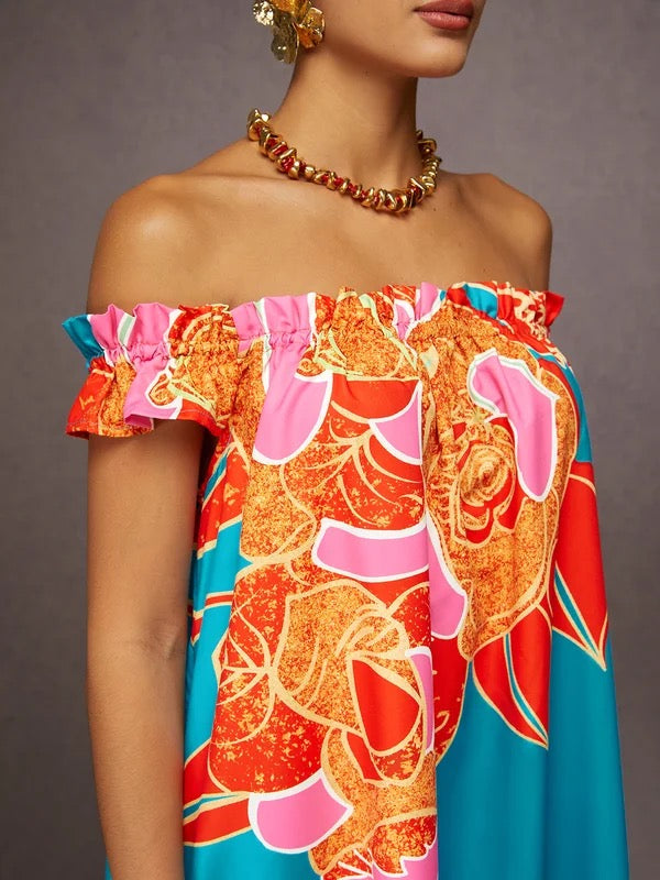 A-Line Loose Elasticity Flower Print Pleated Split-Joint Off-The-Shoulder Maxi Dresses