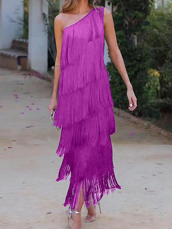 Loose Sleeveless Asymmetric Solid Color Split-Joint Tasseled One-Shoulder Maxi Dresses