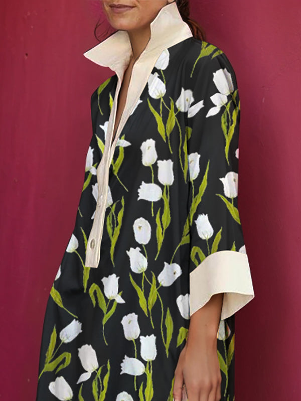 A-line Loose Buttoned Flower Print Stand Collar Mini Dresses