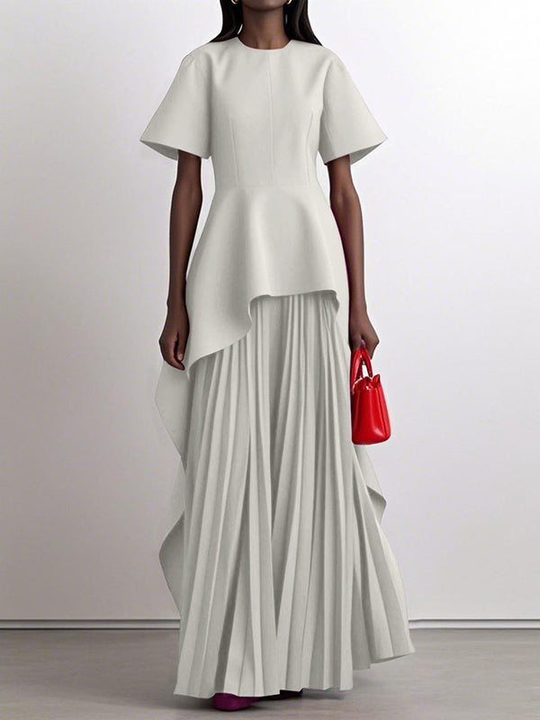 A-Line High Waisted Pleated Solid Color Split-Joint Round-Neck Maxi Dresses