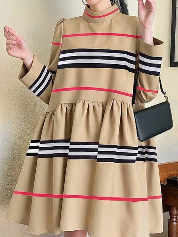 A-Line High Waisted Contrast Color Pleated Striped Zipper Mock Neck Midi Dresses