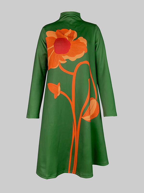 A-Line Long Sleeves Flower Print Split-Joint High Neck Midi Dresses