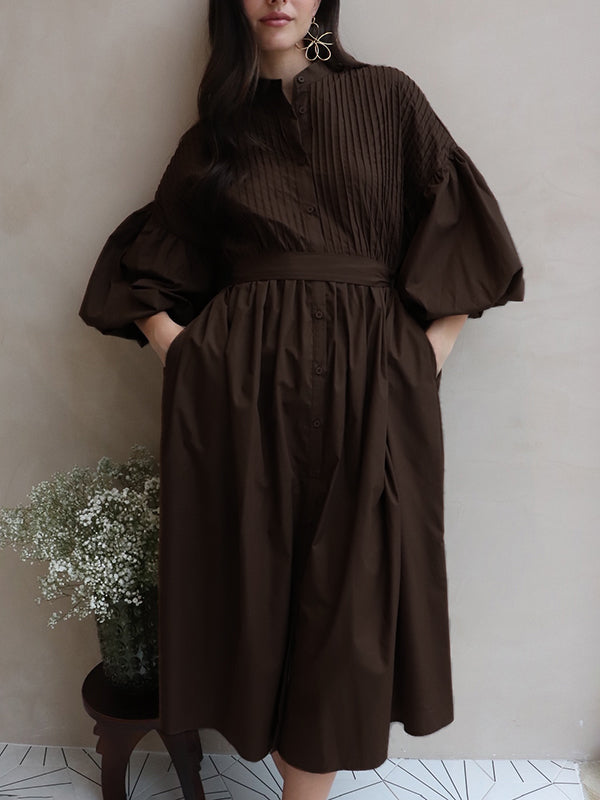 Half Sleeves Loose Buttoned Pleated Solid Color Tied Waist Stand Collar Maxi Dresses