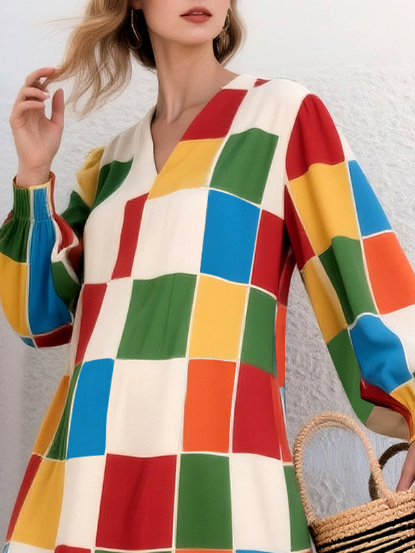 Loose Puff Sleeves Elasticity Rainbow Plaid Split-Joint V-Neck Maxi Dresses