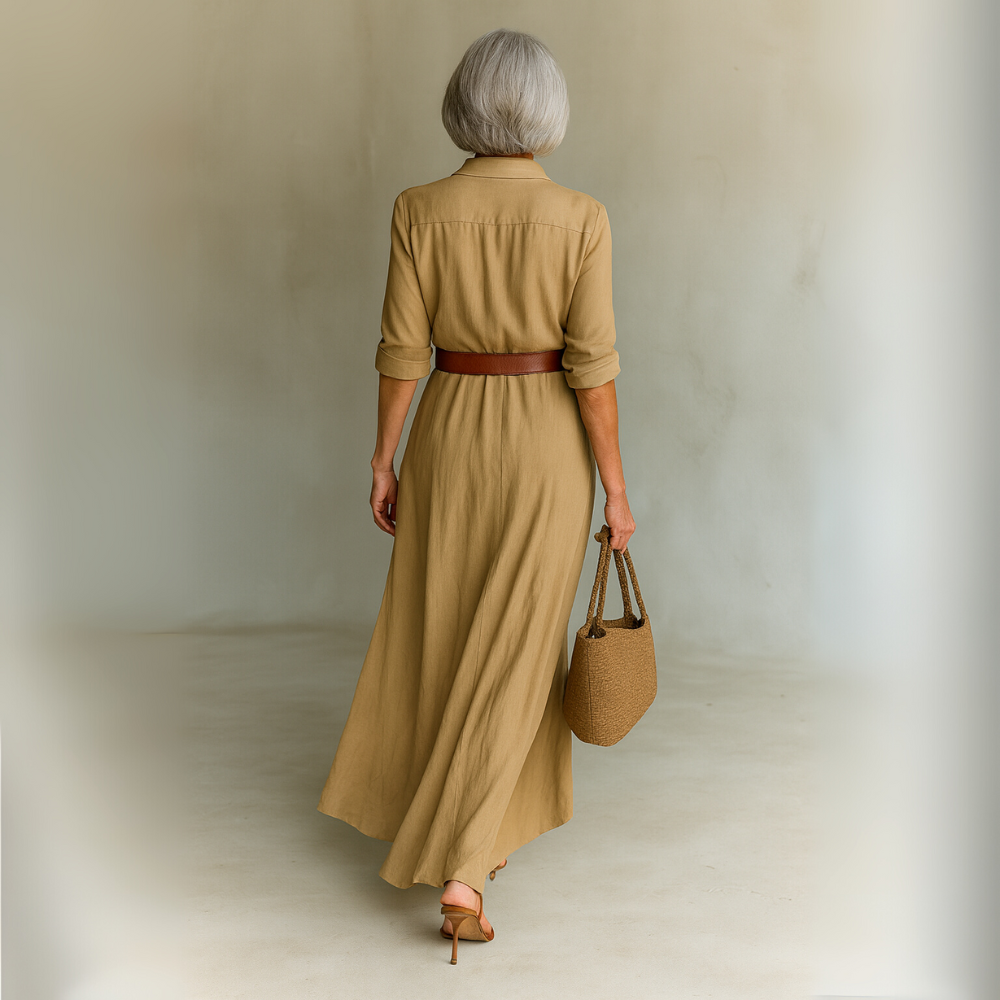 Timeless Belted Maxi Dress — Lapel Collar & Long Sleeves
