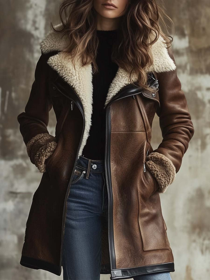 Timeless Faux Leather Coat with Contrast Lambskin Collar