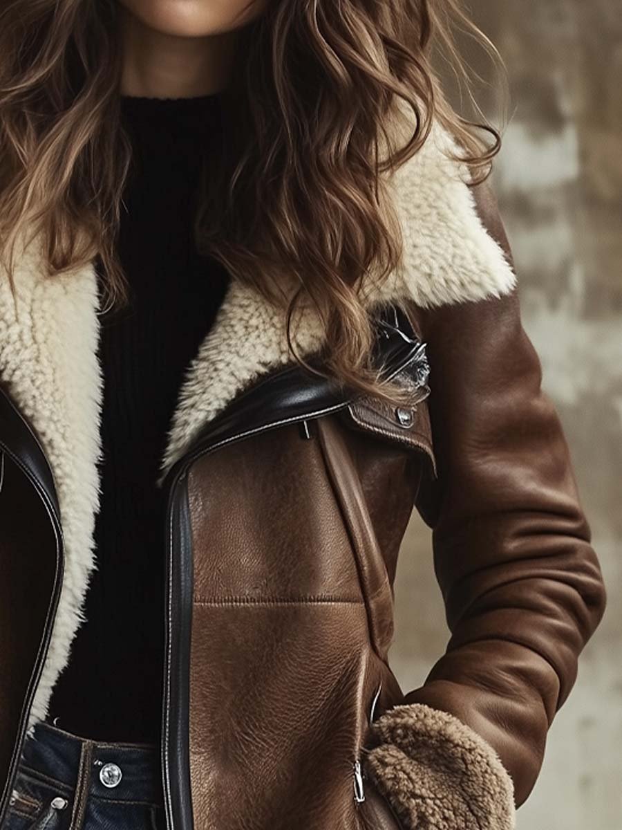 Timeless Faux Leather Coat with Contrast Lambskin Collar
