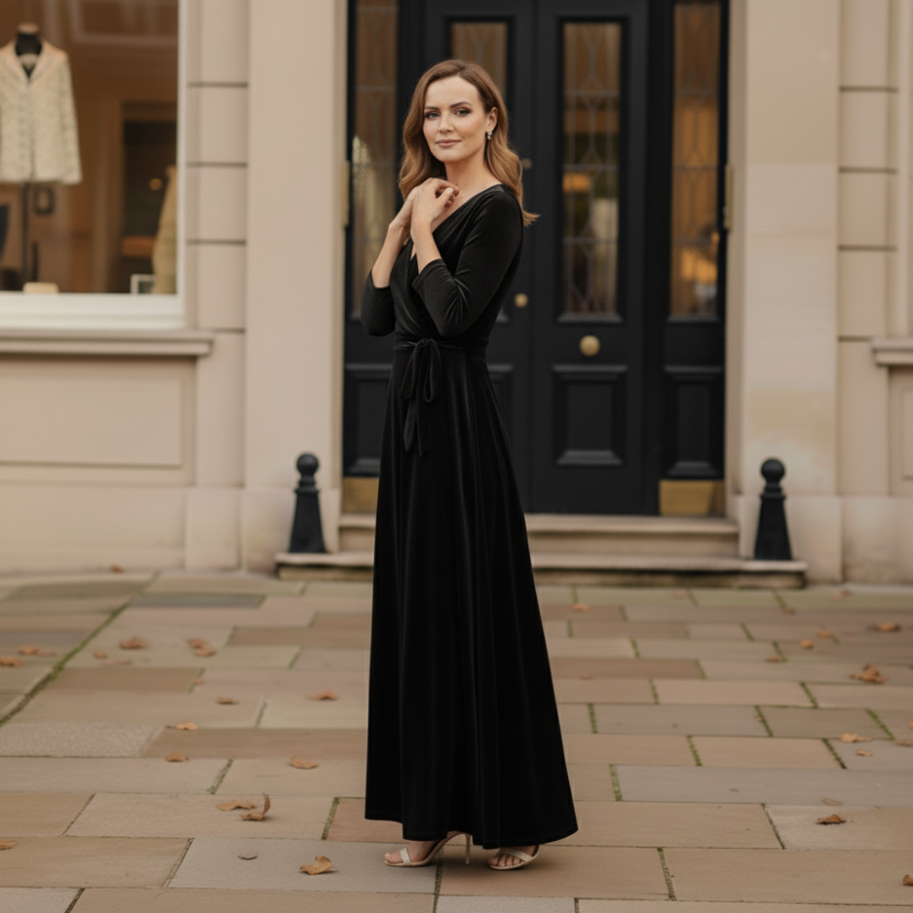 The Victoria™ Velvet Maxi Dress – Elegant Shine & Timeless Grace