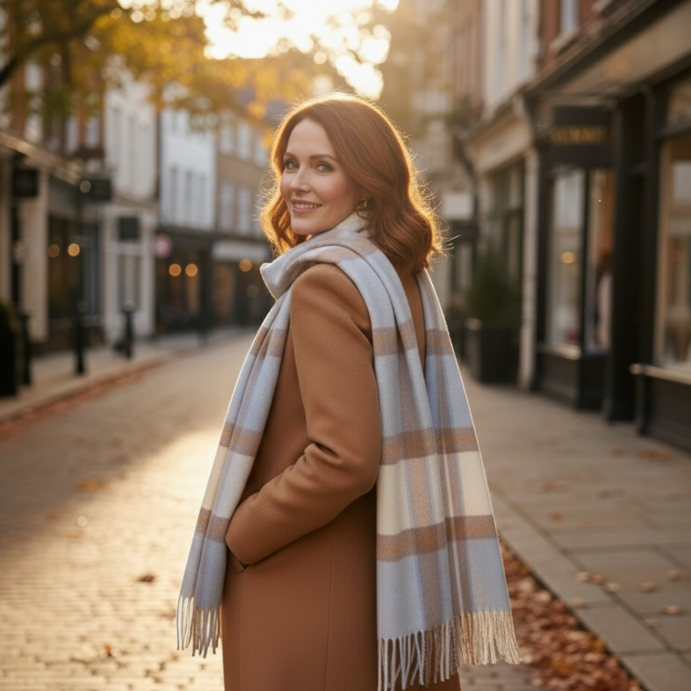 The Grace™ Wool Check Scarf – Soft Warmth in Blush & Grey Tones
