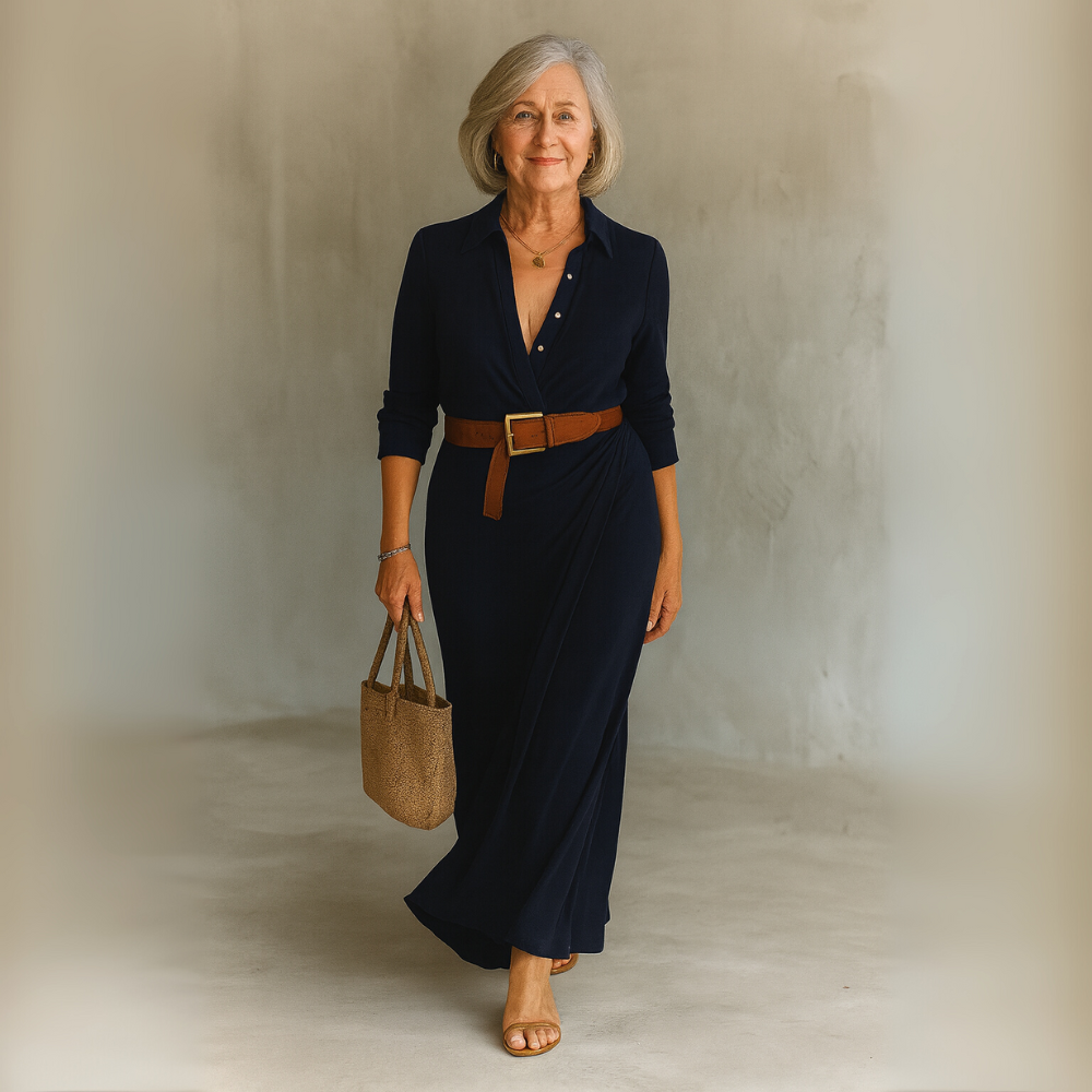 Timeless Belted Maxi Dress — Lapel Collar & Long Sleeves