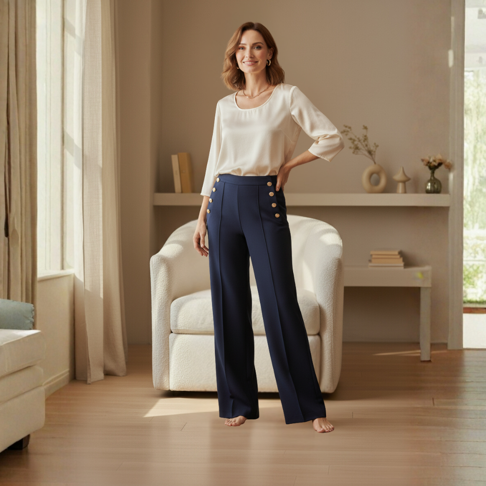 The Clara™ Tailored Trousers with Gold Button Detail – Effortless Elegance