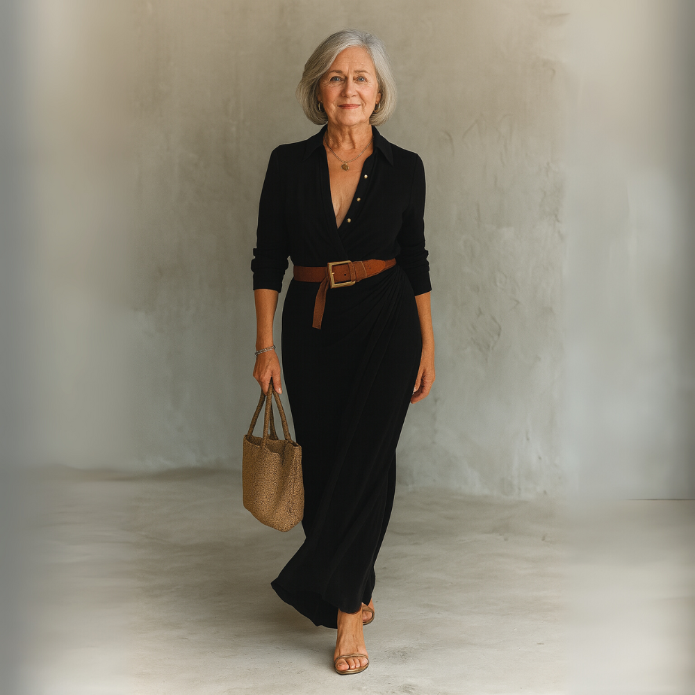 Timeless Belted Maxi Dress — Lapel Collar & Long Sleeves