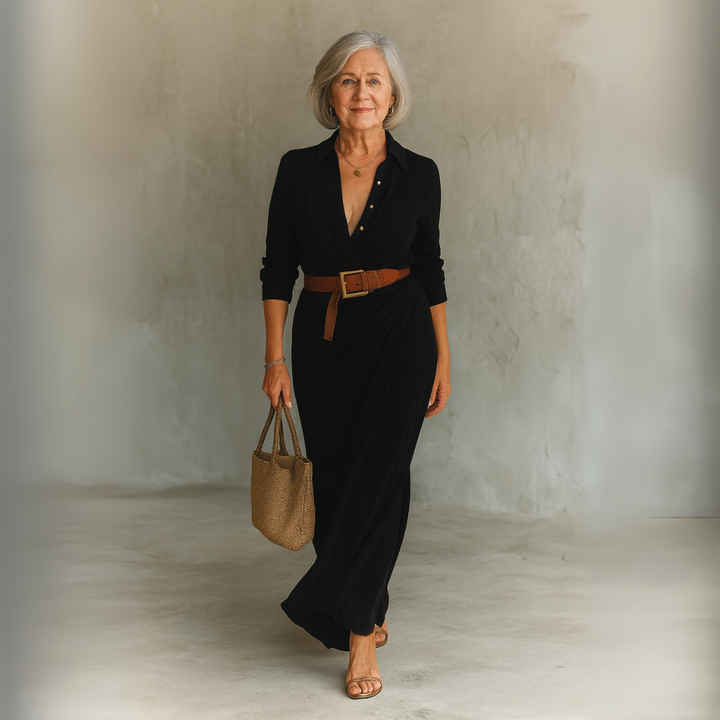 Timeless Belted Maxi Dress — Lapel Collar & Long Sleeves